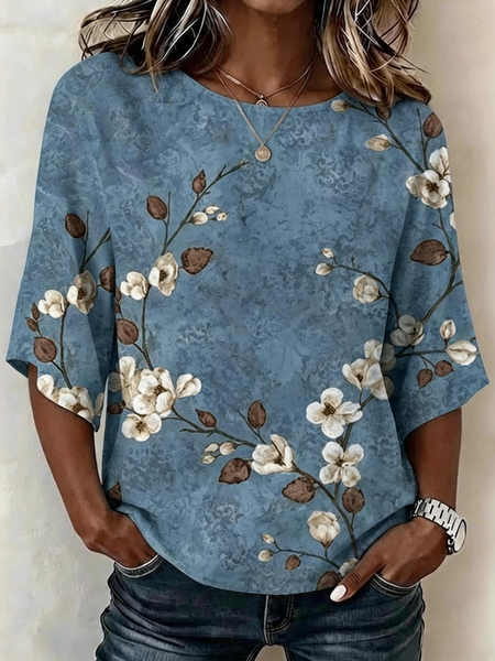 Crew Neck Half Sleeve Floral Regular Micro-Elasticity Regular Fit Blouse For Women