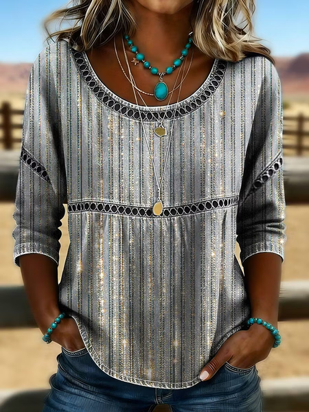 Crew Neck Half Sleeve Abstract Stripes Printing Regular Micro-Elasticity Loose Blouse For Women