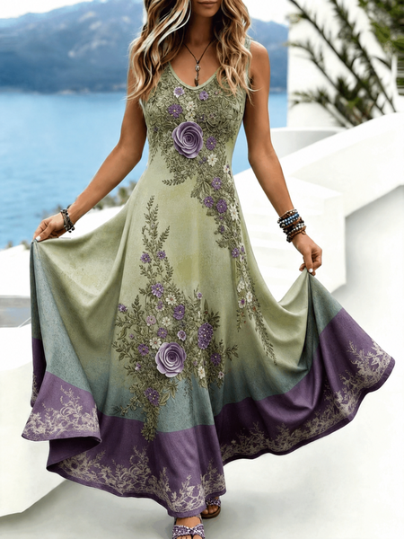 Women Floral Spring/Fall Dress V Neck Sleeveless Tank A-Line Dress