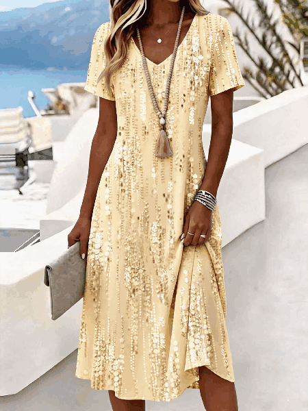 Women Abstract Short Sleeve V Neck Dress Daily Casual Midi A-Line Summer Dress