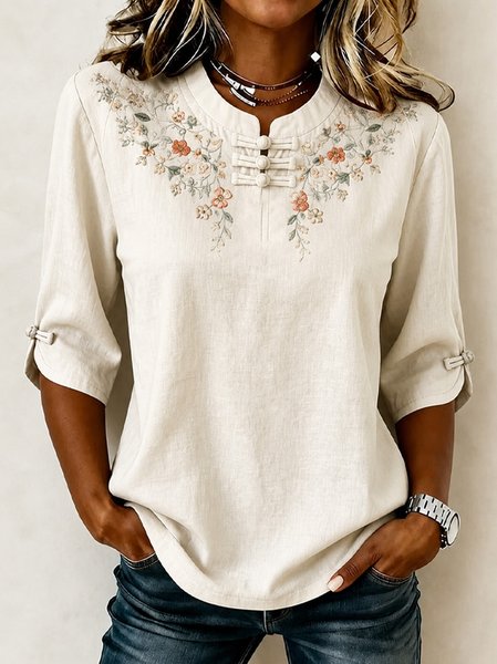 Women Floral Mandarin Collar Half Sleeve Blouse Printing Vintage Daily Summer Top
