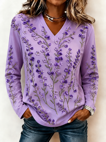 Casual Floral V Neck Long Sleeve T-shirt