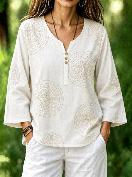 Crew Neck Long Sleeve Geometric Regular Micro-Elasticity Loose Blouse For Women