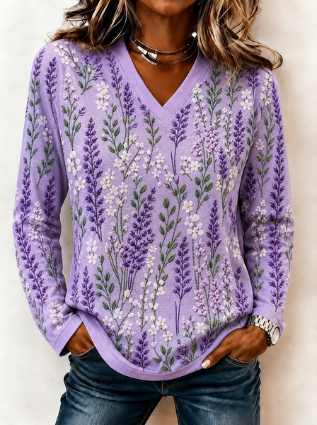 Casual Floral V Neck Long Sleeve T-shirt