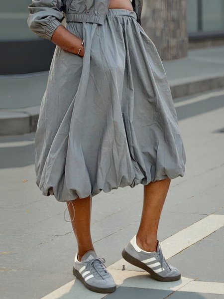 

Casual Ruched Plain Midi Skirt, Gray, Skirts