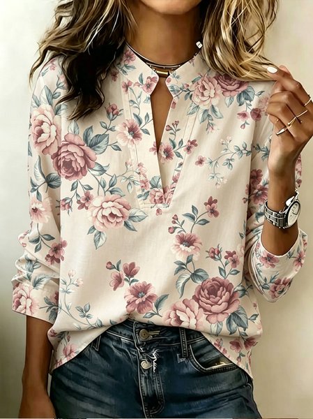 V Neck Long Sleeve Floral Regular Micro-Elasticity Regular Fit Blouse For Women