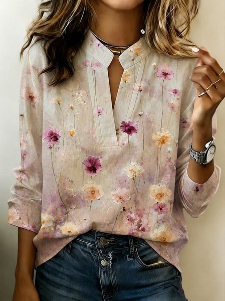 V Neck Long Sleeve Floral Regular Micro-Elasticity Regular Fit Blouse For Women