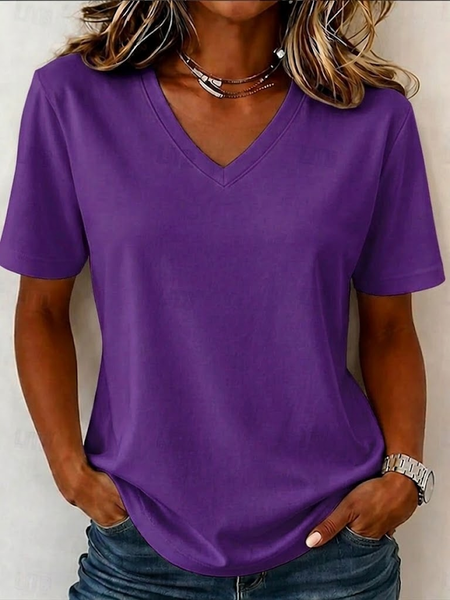 Vintage Plain V Neck Short Sleeve T-shirt