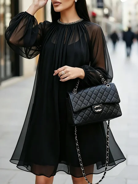 Urban Plain Balloon Sleeve Split Joint Midi Dress