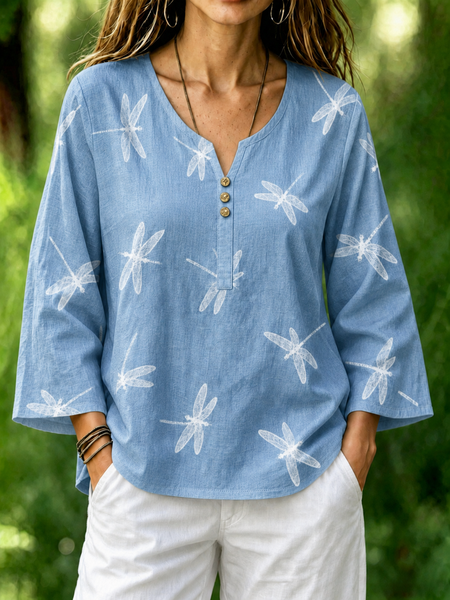 Crew Neck Long Sleeve Floral Regular Micro-Elasticity Loose Blouse For Women