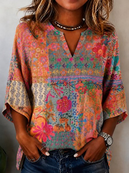 Half Open Collar Half Sleeve Floral Regular Micro-Elasticity Loose Blouse For Women