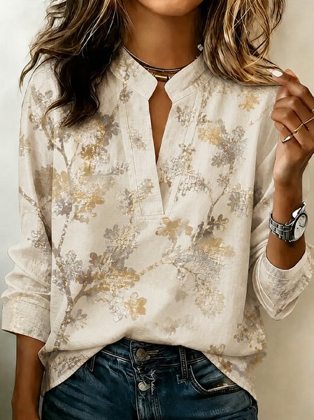 V Neck Long Sleeve Floral Regular Micro-Elasticity Regular Fit Blouse For Women