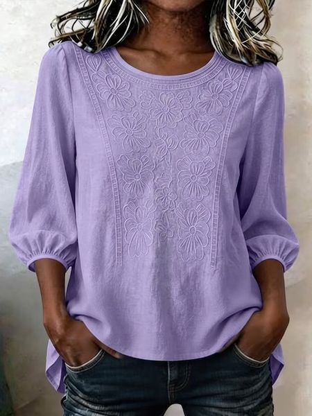 Crew Neck Half Sleeve Floral Printing Regular Micro-Elasticity Regular Fit Blouse For Women