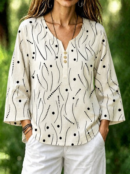 Crew Neck Long Sleeve Abstract Polka Dots Regular Micro-Elasticity Loose Blouse For Women