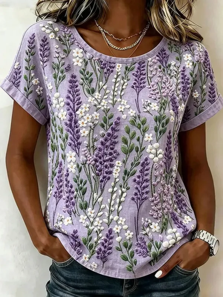 Women Floral Short Sleeve Tee T-shirt Crew Neck Printing Casual Graphic Tee Summer Top