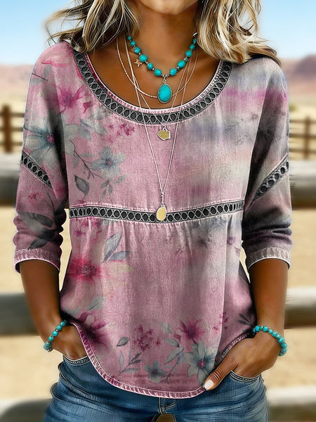 

Women Floral Crew Neck Half Sleeve Blouse Printing Casual Daily Summer Top, Pink, Blouses