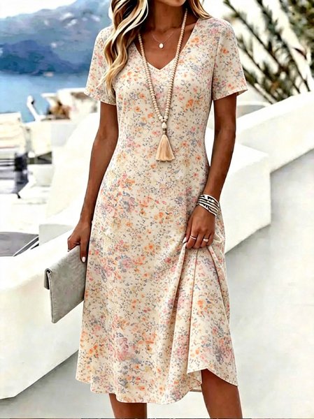 

Women Floral Summer Dress V Neck Short Sleeve T-Shirt Dress A-Line Dress, Pink, Dresses