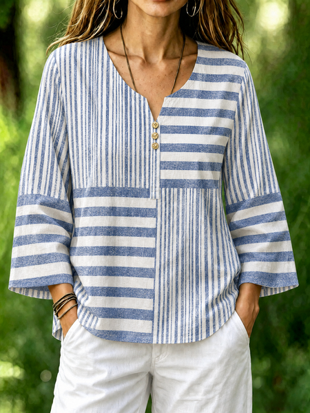 Crew Neck Long Sleeve Striped Regular Micro-Elasticity Loose Blouse For Women