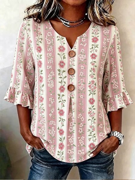 

V Neck Half Sleeve Geometric Regular Regular Fit Blouse For Women, Pink, Blouses