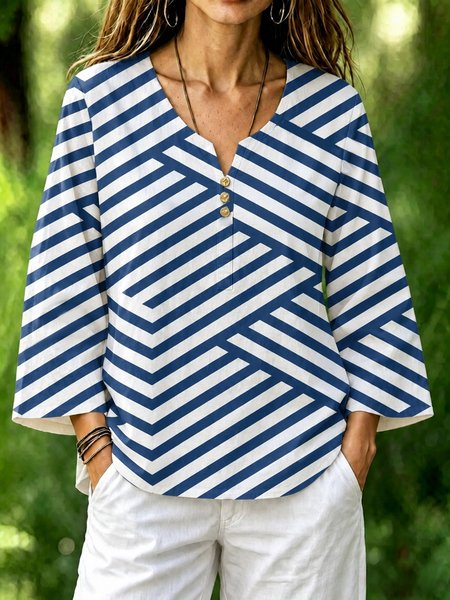 Crew Neck Long Sleeve Striped Regular Micro-Elasticity Loose Blouse For Women