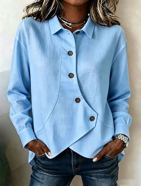 Shawl Collar Long Sleeve Plain Regular Loose Shirt For Women