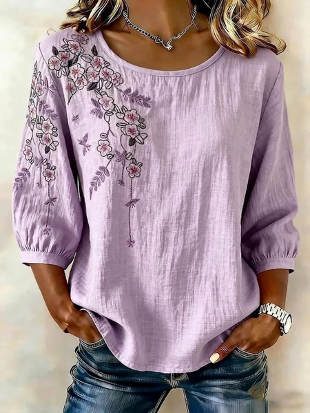 Crew Neck Half Sleeve Floral Printing Regular Micro-Elasticity Regular Fit Blouse For Women