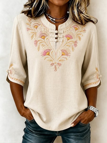 Mandarin Collar Half Sleeve Floral Printing Lightweight Micro-Elasticity Regular Fit Blouse For Women