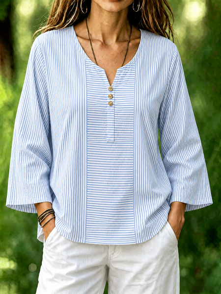 Crew Neck Long Sleeve Striped Regular Micro-Elasticity Loose Blouse For Women