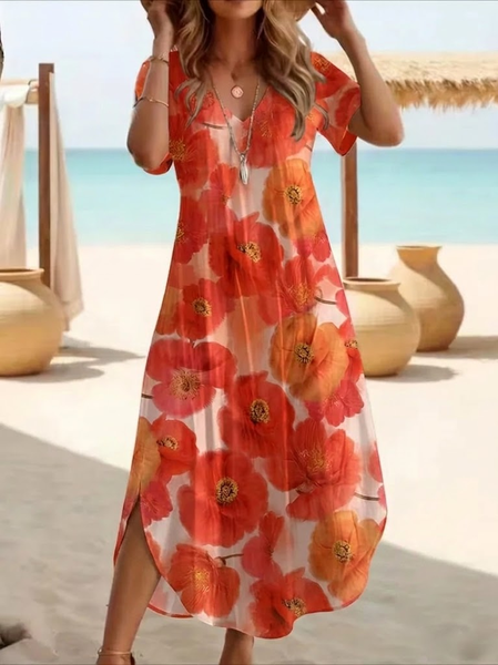 Women Floral Short Sleeve Crew Neck Printing Dress Daily Casual Maxi T-Shirt Dress H-Line Summer Dress