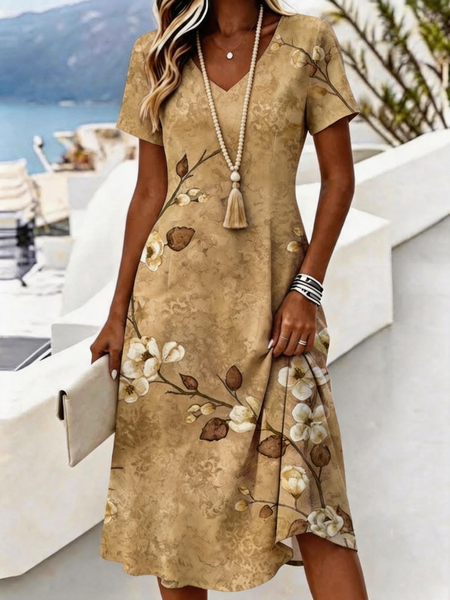 Women Floral Summer Dress V Neck Short Sleeve A-Line Dress