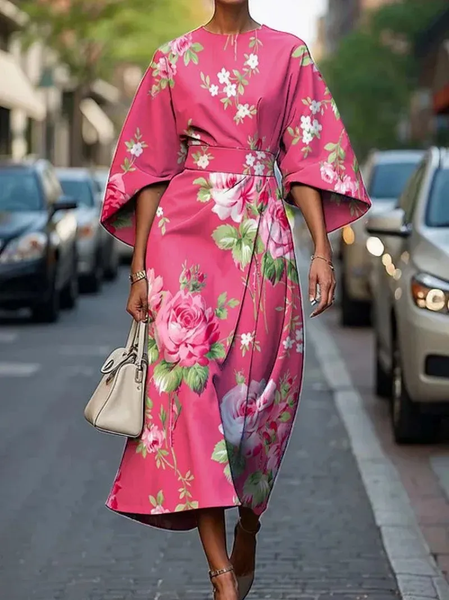 Women Floral Spring/Fall Dress Crew Neck Three Quarter Sleeve A-Line Dress
