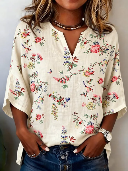V Neck Half Sleeve Floral Printing Regular Micro-Elasticity Loose Blouse For Women