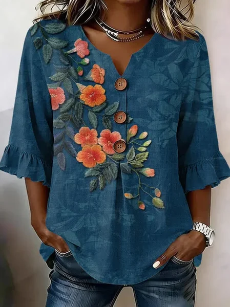 Women Floral V Neck Half Sleeve Blouse Printing Vintage Daily Summer Top