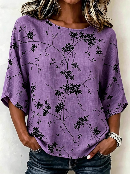 Crew Neck Half Sleeve Leaf Lightweight Loose Shirt For Women