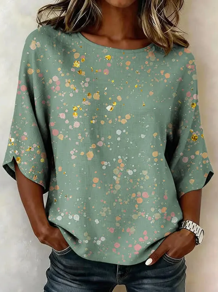 Women Abstract Crew Neck Half Sleeve Blouse Printing Vintage Daily Summer Top
