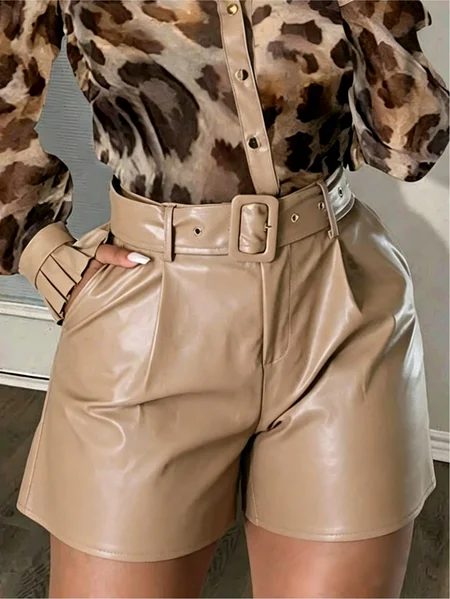 Urban Plain Faux Leather Pants With Belt