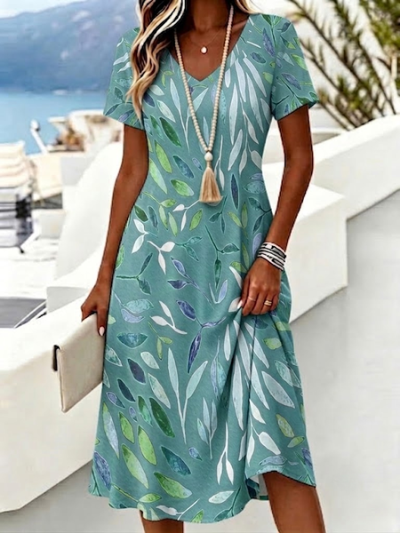 

Women Leaf Summer Dress V Neck Short Sleeve A-Line Dress, Green, Dresses