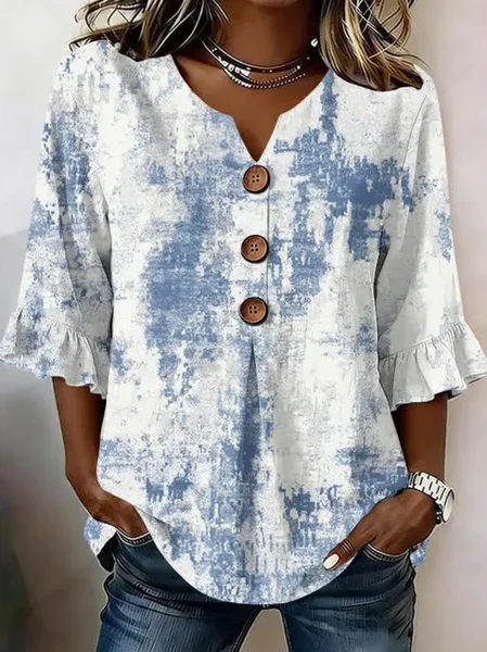 Women Abstract V Neck Half Sleeve Blouse Printing Vintage Daily Summer Top