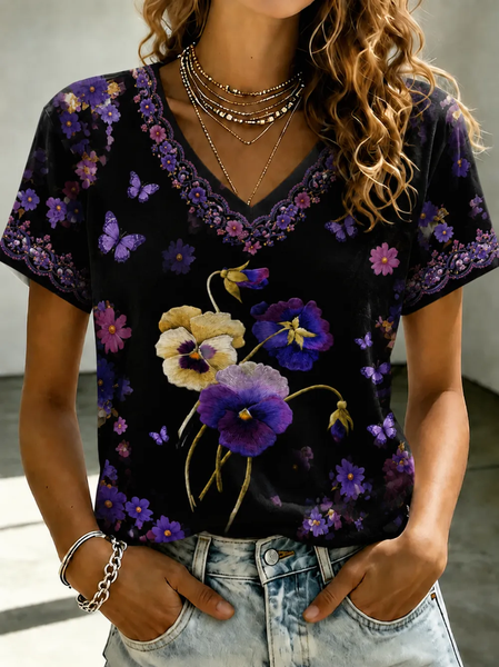 Vintage Floral Crew Neck Short Sleeve T-shirt