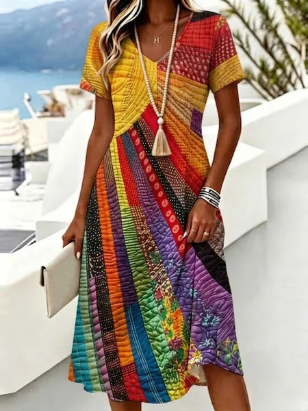 Women Floral Summer Dress V Neck Short Sleeve A-Line Dress