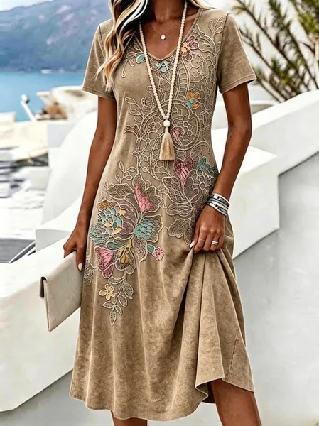 Women Floral Summer Dress V Neck Short Sleeve A-Line Dress
