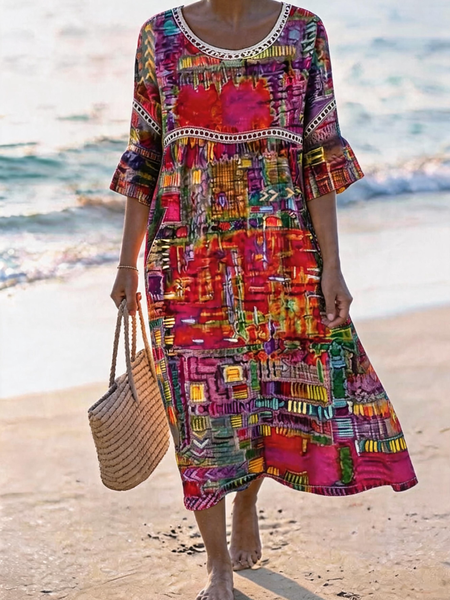Women Abstract Summer Dress Crew Neck Half Sleeve H-Line Dress