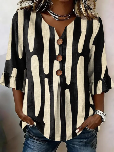 Women Abstract V Neck Half Sleeve Blouse Printing Vintage Daily Summer Top