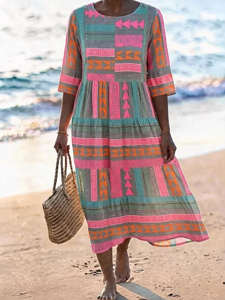 Women Geometric Summer Dress Crew Neck Half Sleeve A-Line Dress