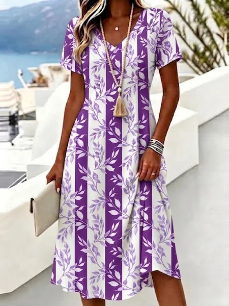 Women Floral Summer Dress V Neck Short Sleeve A-Line Dress