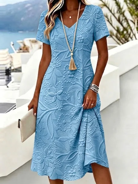 Women Floral Summer Dress V Neck Short Sleeve A-Line Dress