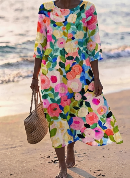 Women Floral Summer Dress Crew Neck Half Sleeve A-Line Dress