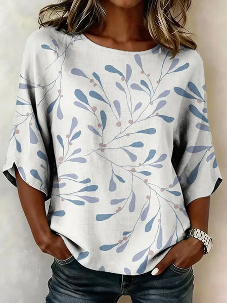 Crew Neck Half Sleeve Leaf Printing Regular Micro-Elasticity Regular Fit Blouse For Women