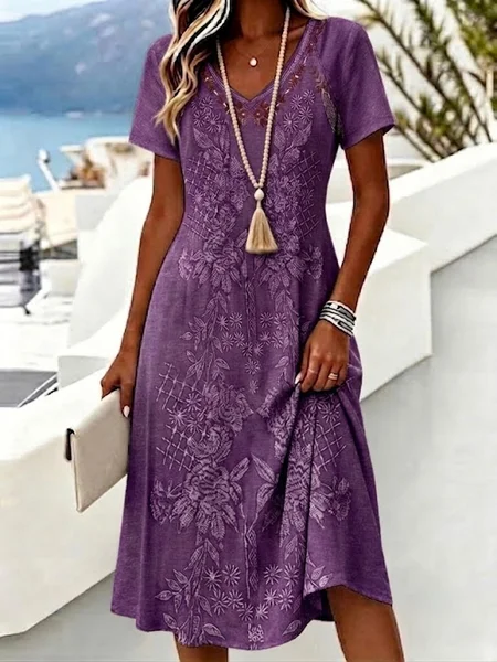 Women Floral Summer Dress V Neck Short Sleeve A-Line Dress