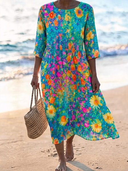 Women Floral Summer Dress Crew Neck Half Sleeve A-Line Dress